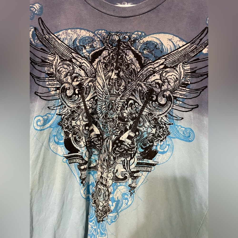 Dikotomy blue ombre Short sleeve Guitars wings biker rocker graphic t shirt XL